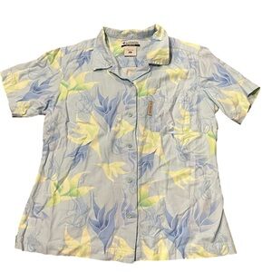 Columbia Women Medium Green Blue Short‎ Sleeve Hawaiian Fish Ocean Camp Shirt